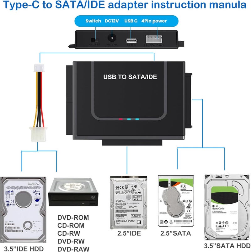 DELXING USB 3.0 to IDE SATA Adapter, USB Type C Hard Drive Reader External HDD Converter for 2.5/3.5 inches IDE SATA HDD SSD, 12V/2A Power Adapter Included - Image 4